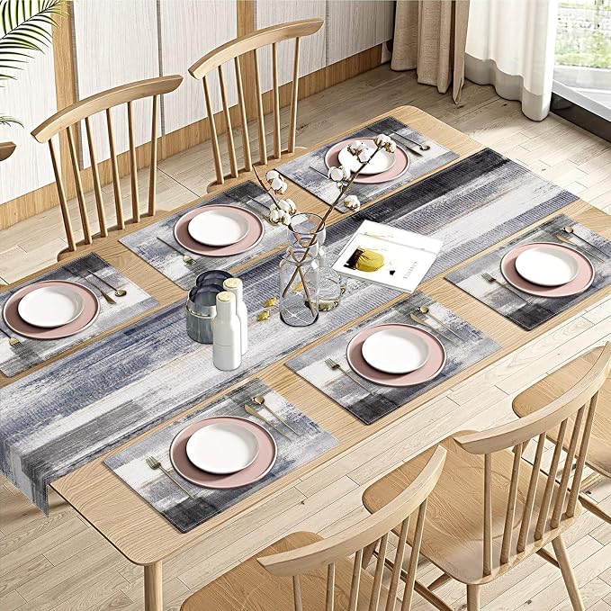 Emvency Table Runner and Placemats Set of 6, Abstract Gray Grey | Dark Art by Emvency