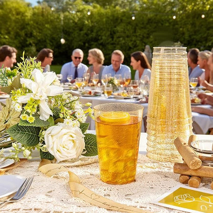 I00000 50 Pack 18 oz Gold Plastic Cups, Gold Glitter Cups Disposable Plastic Wine Glasses Cocktail Glasses Premium Cup, 18 Ounce Glitter Disposable Tumblers for Party & Wedding