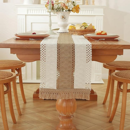 Boho Table Runner for Brown White Tassel Home Decor 90 Inches Long, Modern - Image 7