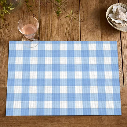 Artoid Mode Buffalo Plaid Vinyl Placemats Set of 4, 12x18 Inch Washable Non-Slip Heat Resistant Plastic Place Mats for Party Dining Table, Blue/White