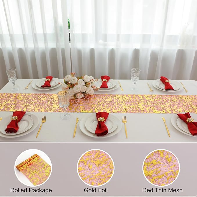 Snowkingdom 2Pcs Gold Table Runner, 11×108 Inch Red and Gold Sequin Glitter - Image 4