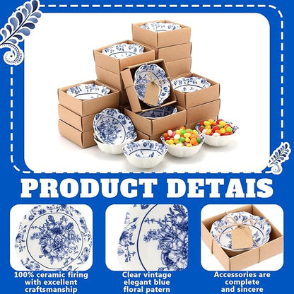 12 Pcs Wedding Favors for Guests Small Ceramic Bowl Bulk Gifts Set 3.3 Inch Floral Design Mini Dipping Sauce Dish with Card Box for Bridal Pooja Baby Shower Birthday Guest Gift (Blue)