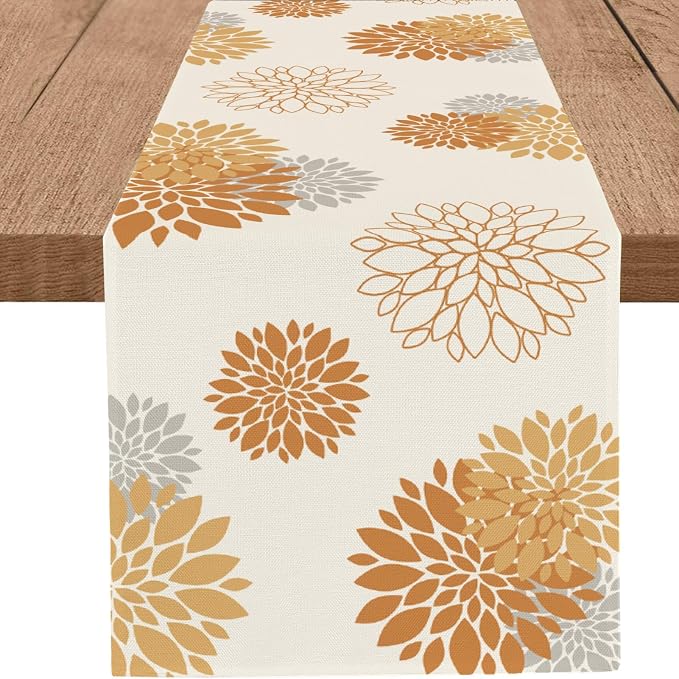 Fall Table Runner Orange Grey Dahlia Pinnata Floral Table Runners Modern by WHOMEAF