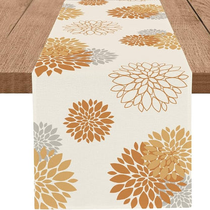 Fall Table Runner Orange Grey Dahlia Pinnata Floral Table Runners Modern by WHOMEAF