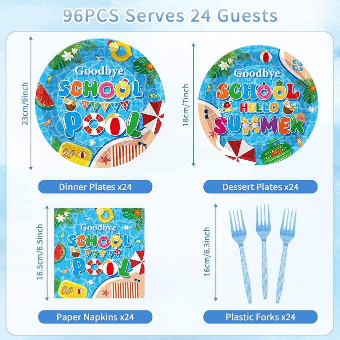 96 Pcs Goodbye School Hello Pool Party Decorations, Summer Pool Party Plates - Image 2