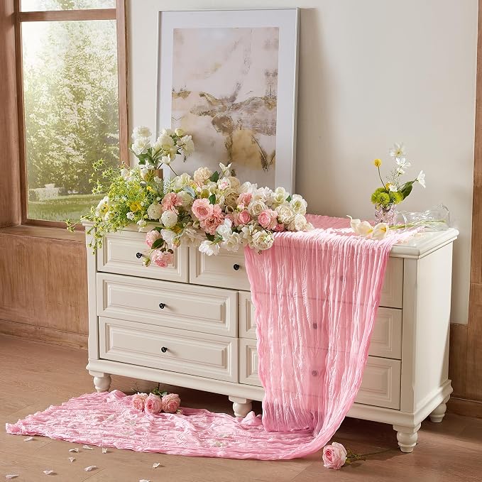 6 Pack Light Pink Cheesecloth Table Runner Boho Gauze Home Decor | 120 Inch - Image 6