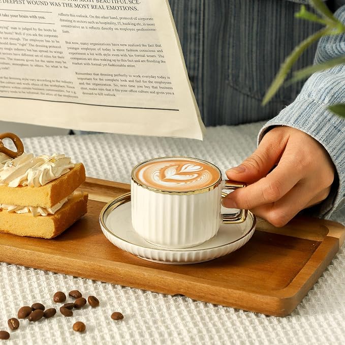 LETAOTAO Espresso Cups Set of 4, 3oz Espresso Cups and Saucers | Ceramic Coffee - Image 5