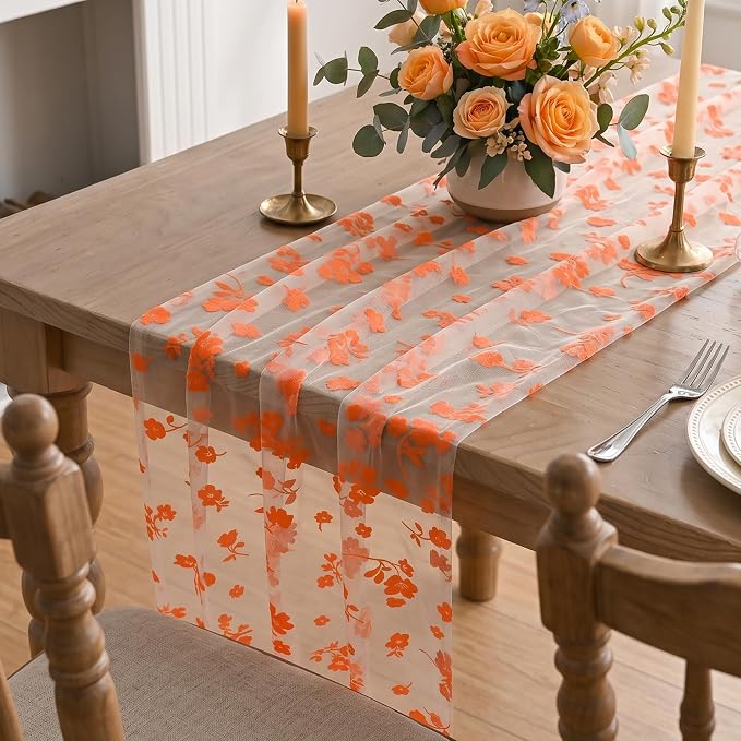 Artoid Mode Orange Gauze Flocking Flowers Table Runner 10FT, Fall Sheer Dining - Image 5