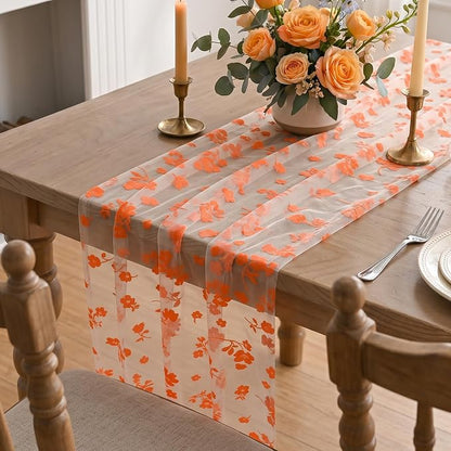 Artoid Mode Orange Gauze Flocking Flowers Table Runner 10FT, Fall Sheer Dining - Image 5