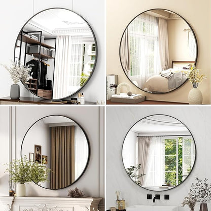 48 Inch Round Bathroom Mirror - Black Wall Mounted Circle Mirror with Metal Frame, Modern Round Hanging Mirror Suitable for Bathroom, Vanity, Entryway, Living Room
