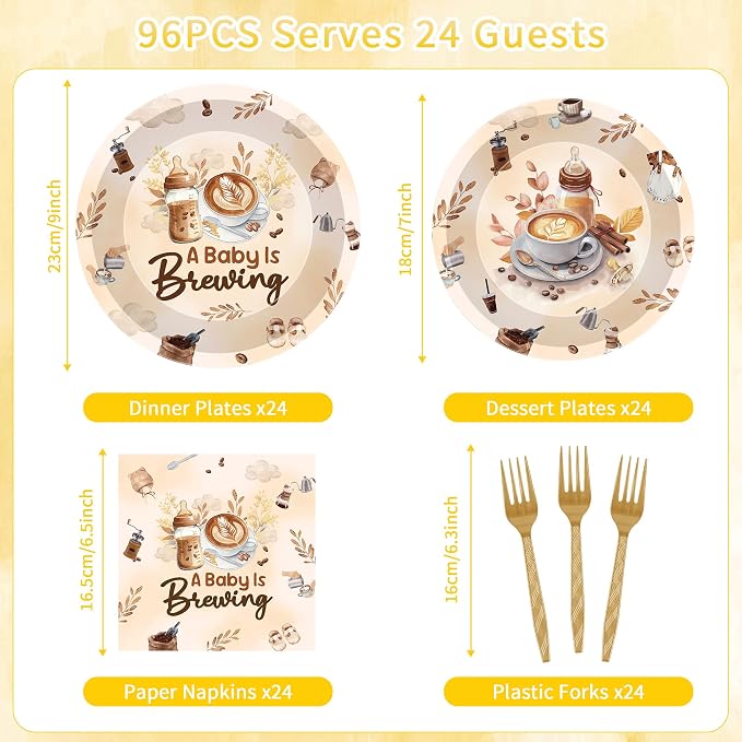96 Pcs A Baby Is Brewing Baby Shower Decorations, Gender Reveal Tableware Set - Image 2