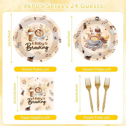 96 Pcs A Baby Is Brewing Baby Shower Decorations, Gender Reveal Tableware Set - Image 2