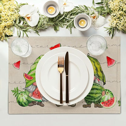 Summer Watermelon Gnomes Placemats Set of 4 12 x 18 Inch,Watercolor Red Watermelon Washable Kitchen Mats Seasonal Place Mat for Kitchen Dining Table Decor