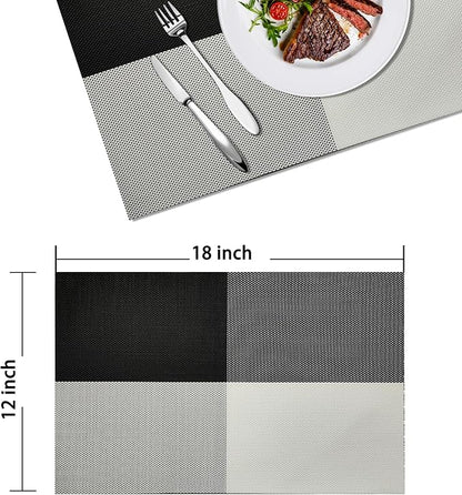 Placemats Set of 4 - Washable Woven Vinyl Placemats, Heat Resistant, Non-Slip, Easy to Clean Water Resistant Table Mats for Indoor/Outdoor Dining, Kitchen, Patio (4, Black White Square)