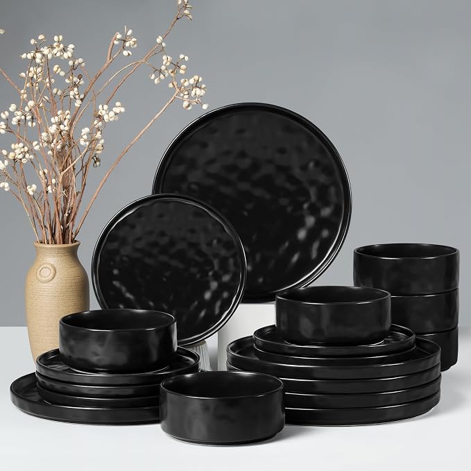 HaWare Dinnerware Sets, 18-Piece Plates and Bowls Set, Matte Black | Stoneware by HaWare