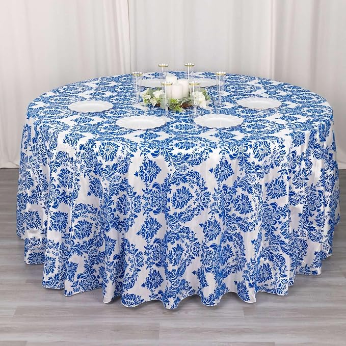 Efavormart 120" Royal Blue Velvet Flocking Damask Tafetta Round Tablecloth - Image 3