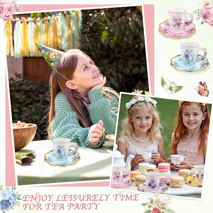 24 Sets Disposable Paper Tea Cups 7 OZ Floral Tea Party Cups | - Image 5