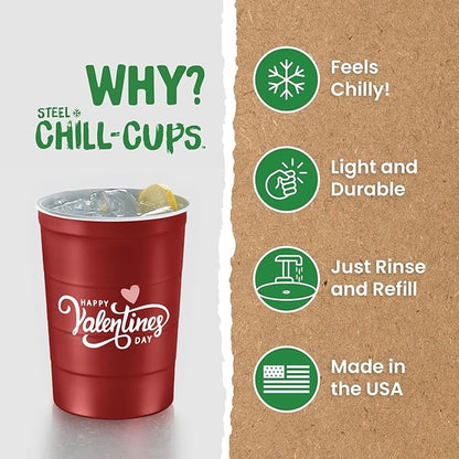 16 oz. Party Cups 'Happy Valentine's Day' Heart Design for Cold Drinks, Durable, Disposable, Recyclable, Made in USA, Red, 12 Count