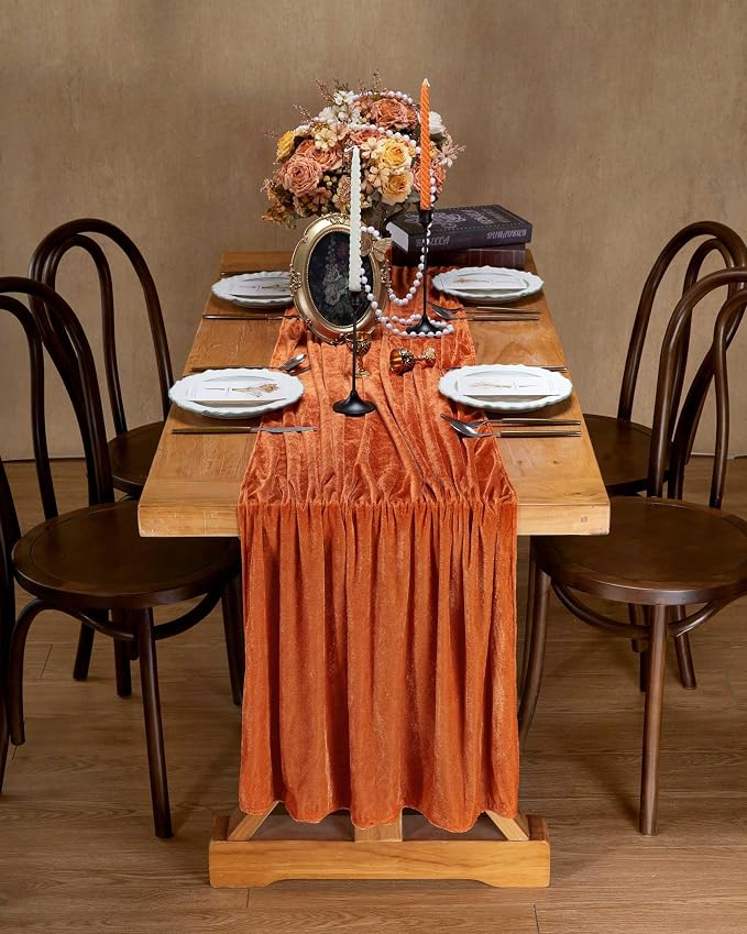 Orange Velvet Table Runner 29 x 120 Inches Fall Halloween Runners | 5 Pieces - Image 5