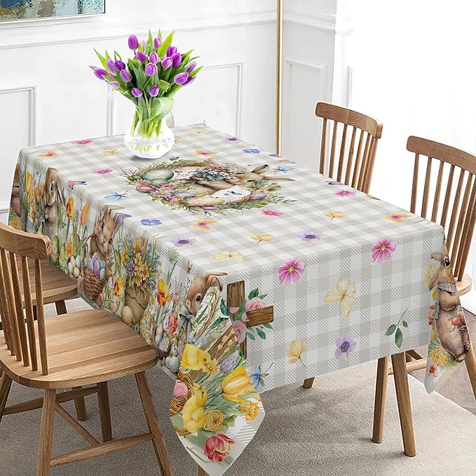 Easter Tablecloth 60 x 84 Inch Rectangle, Easter Bunny Table Cloth Buffalo Check Plaid Kitchen Table Cover for Dining Room Spring Oblong Tablecloth Indoor Decor