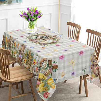 Easter Tablecloth Round 70 Inch, Easter Bunny Table Cloth Buffalo Check Plaid Kitchen Table Cover for Dining Room Spring Round Tablecloth Indoor Decor