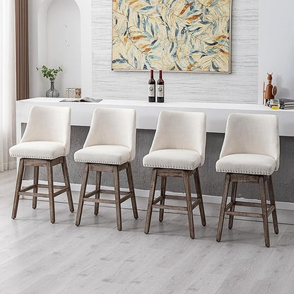 Counter Height Bar Stools Set of 4, Linen Fabric Mid Century Modern Swivel Barstool with Back & Wood Legs Comfy Upholstered Counter Chairs for Home Bar/Dining Room/Restaurant, Cream
