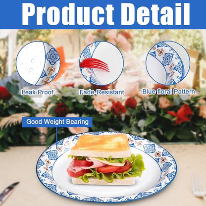 50Pcs Blue Floral Oval Plates 10"x 12", Large Disposable Paper Plates, Heavy Duty Flower Plate Tableware for Family Gathering, Dinner Time, Birthday, Wedding, Holiday Party Serving Supplies