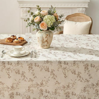 jinchan Taupe Farmhouse Floral Linen Rectangle Table Cloth 52 x 70 Inch | - Image 5