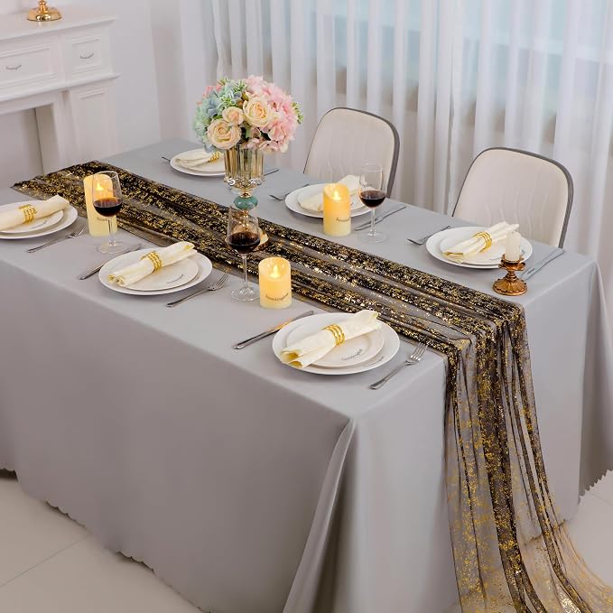 Snowkingdom 10 Pcs Black & Gold Cheesecloth Table Runner 10 FT, Sheer Chiffon - Image 2