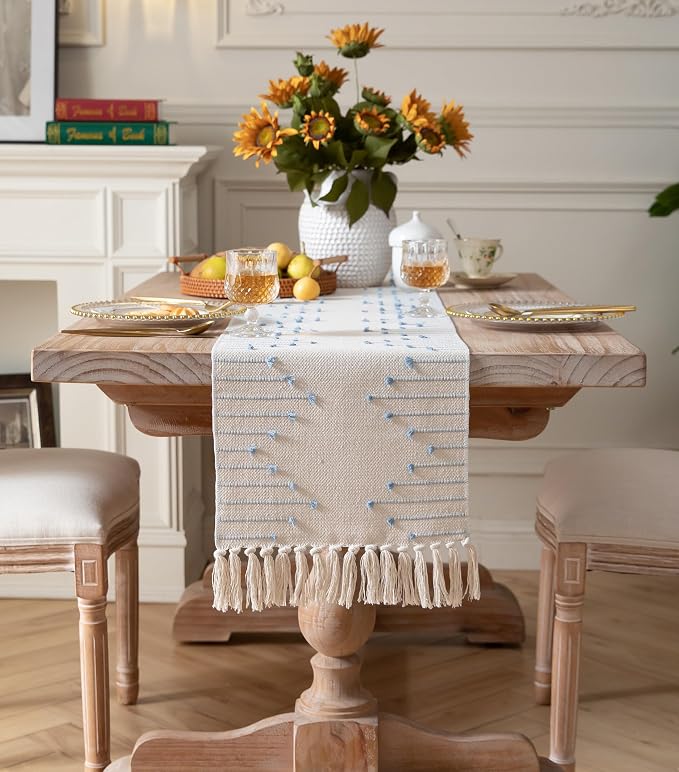 Boho Table Runner 13 x 108 Inch Long Natural Cotton Woven Runner - Image 6