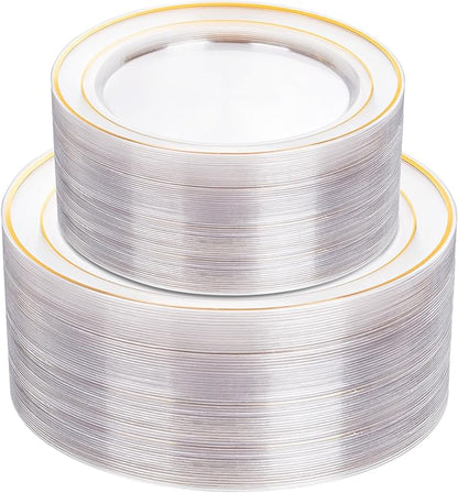 I00000 102 Pcs Clear Gold Plastic Plates - Disposable Party Plates, Gold Disposable Include 51 Dinner Plates and 51 Dessert Plates, Plastic Plates for Party, Holiday, Wedding & Birthday