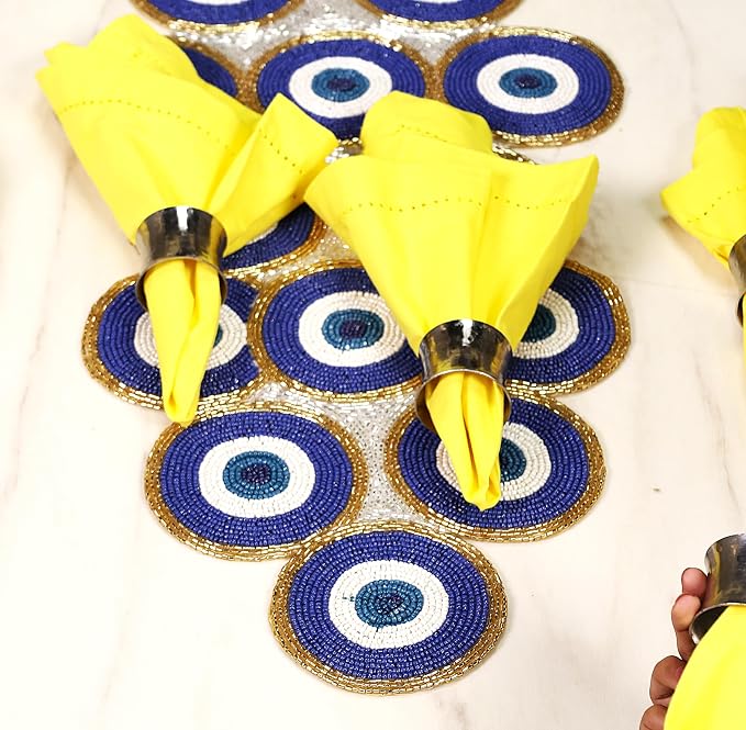 Beaded Table Runner 13x36 Inch Blue Gold Multi Evil Eye Handmade Decorative - Image 3