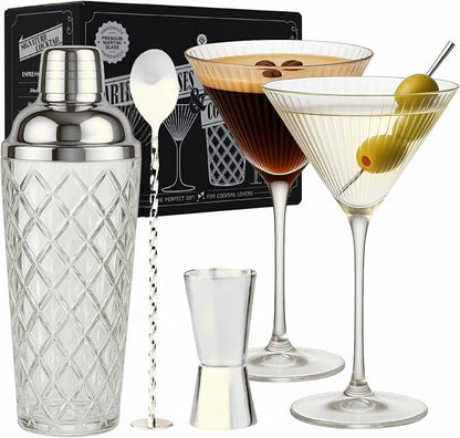 VEMACITY Silver Cocktail Shaker Set + 2 Ribbed Martini Glasses & Bar Tools | by Vemacity