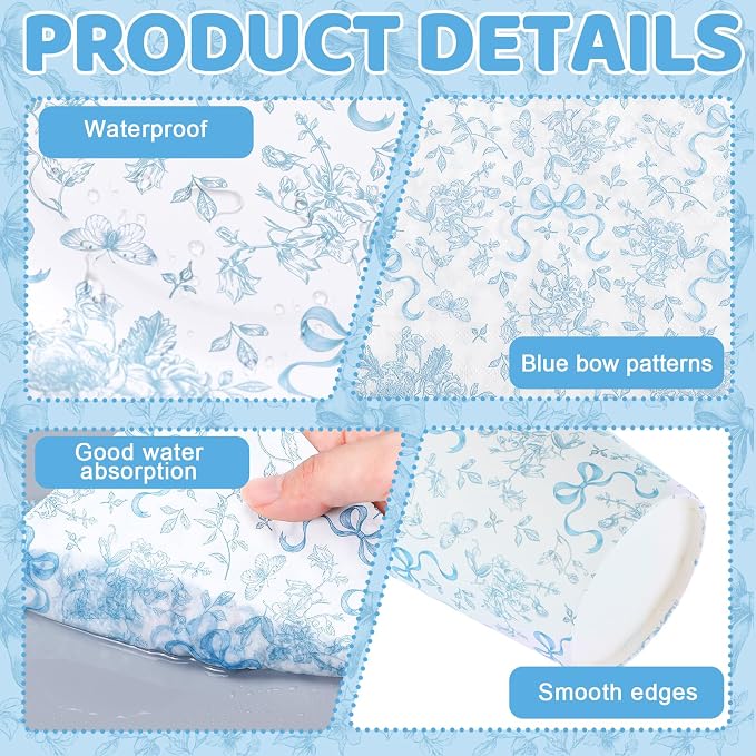 LemonRoad 150 Pcs Blue Bow Floral Disposable Plates and Napkins Bow Coquette - Image 3