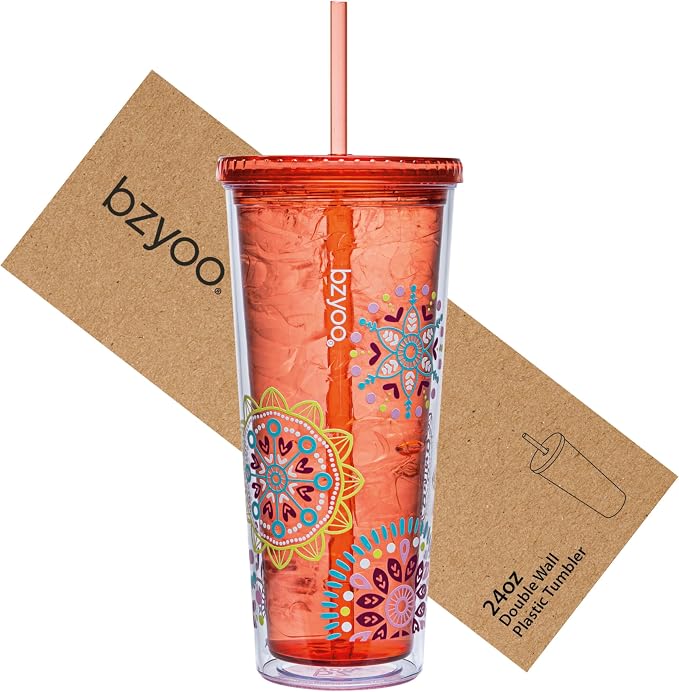 bzyoo 24oz Plastic Tumbler Cup, Lid & Straw, Iced Coffee, Medallion Orange | by bzyoo