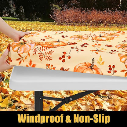 Smiry Rectangle Thanksgiving Table Cloth, Waterproof Elastic Fitted Tablecloths for 8 Foot Tables, Washable Polyester Table Cover for Autumn Harvest Parties (Pumpkin Leaf, 30"x96")
