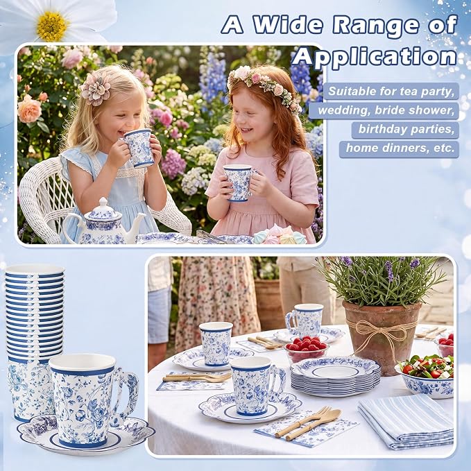 FillTouch 100 Sets Blue Floral Paper Tea Cups and Saucers Disposable Paper Tea - Image 7