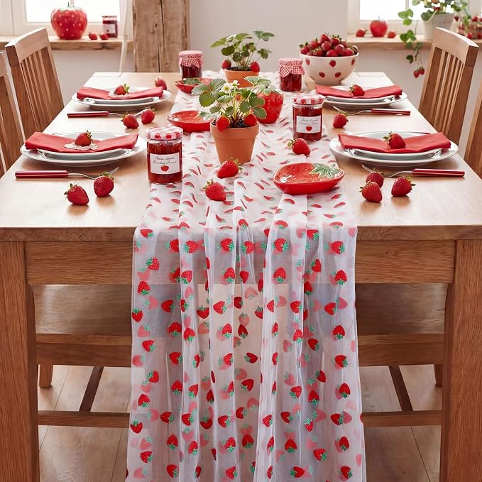 4 Pcs Strawberry Table Runners 29x70 Inch Strawberry Glitter Tulle Lace Table - Image 4