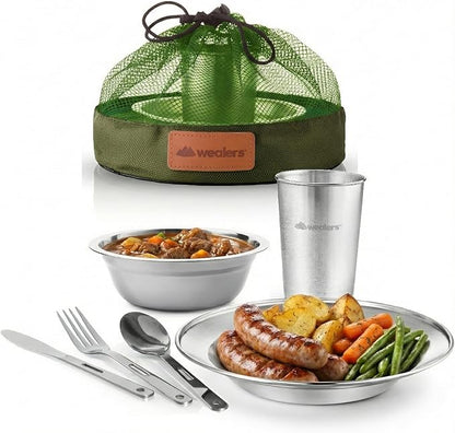 Unique Complete Messware Kit Polished Stainless Steel Dishes Set| Tableware| Dinnerware| Camping| Includes - Cups | Plates| Bowls| Cutlery| Comes in Mesh Bags