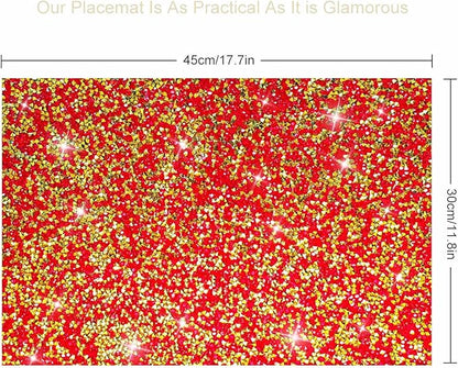 Red and Gold Placemats Colorful Bling Diamond Decor Table Mats Glitter Sparkly Heat Resistant Mat Set of 4 for Home Weedding and Party