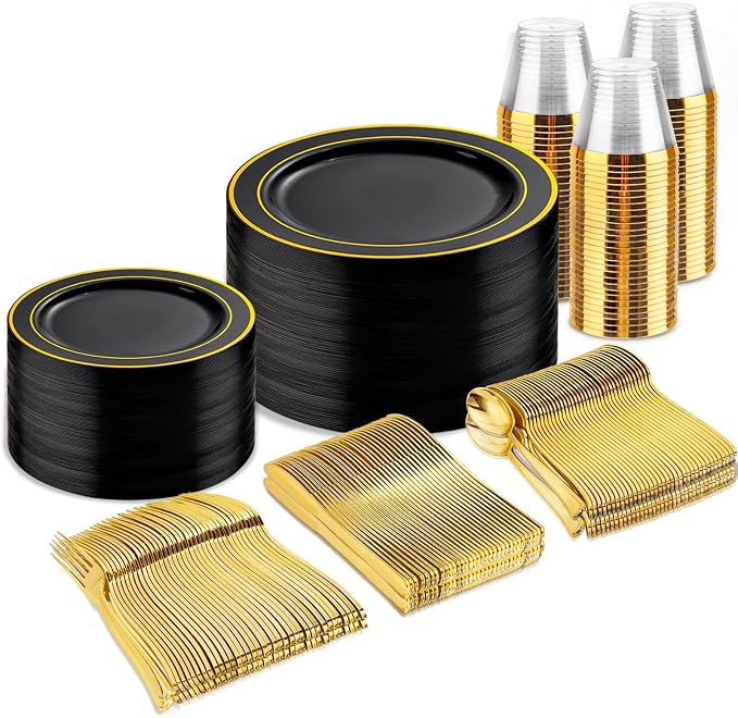 bUCLA 300PCS Black and Gold Disposable Dinnerware Set by BUCLA