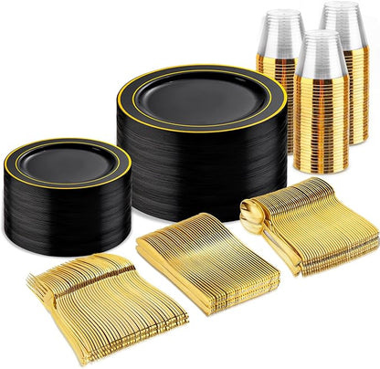 bUCLA 300PCS Black and Gold Disposable Dinnerware Set by BUCLA