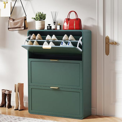 Narrow Hidden Shoe Organizer Cabinet Storage for Entryway, Modern Slim and Skinny Shoe Rack Cabinet with Flip Drawers for Entrance, Hallway - Green