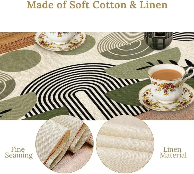 Boho Mid Centruy Table Runner Abstract Sage Green Tropical Leaves Sun Modern - Image 5