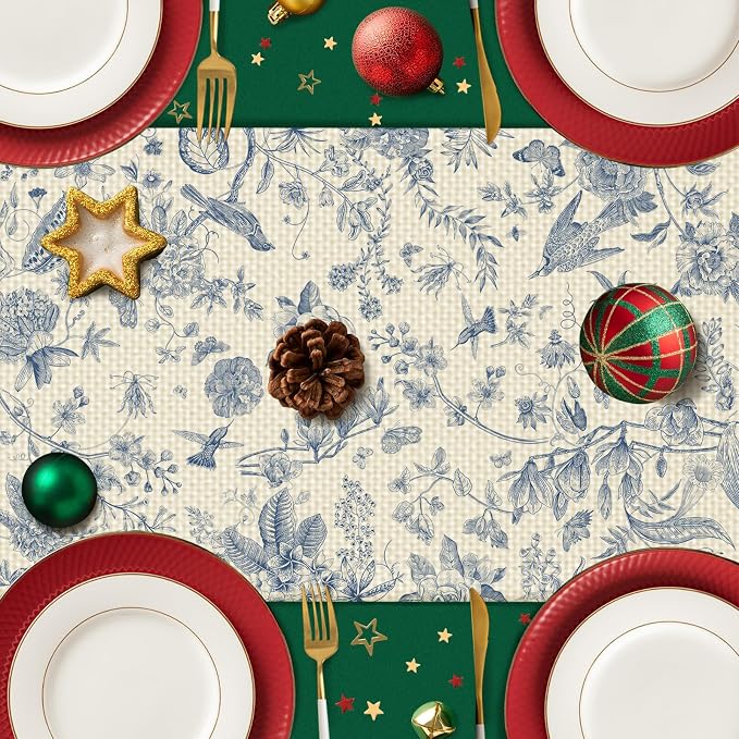 Blue Flower Burlap Table Runner Seasonal Spring Fall Kitchen Dining Linen Table - Image 5