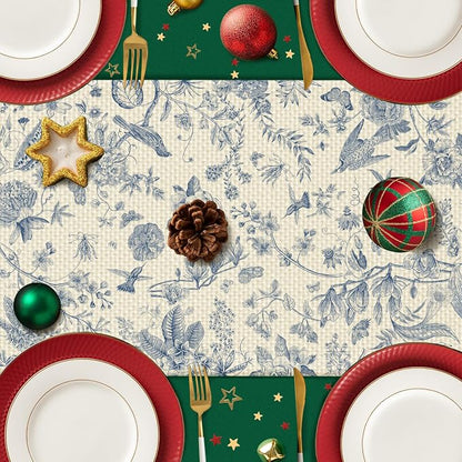 Blue Flower Burlap Table Runner Seasonal Spring Fall Kitchen Dining Linen Table - Image 5