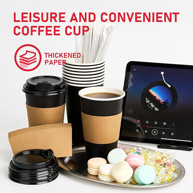 Coffee Cups with Lids 16 oz 100 Pack, Sleeves and Stirring Sticks, To Go Cups - Image 3