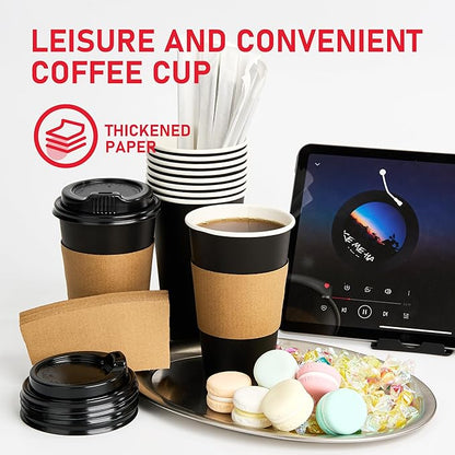 Coffee Cups with Lids 16 oz 100 Pack, Sleeves and Stirring Sticks, To Go Cups - Image 3