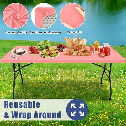 Spandex 8 Foot Rectangle Table Cloth 2 Pack, Elastic Fitted Tablecloths for Picnic, Stretch Washable Patio Table Cover for Outdoor, Camping, Banquet and Parties(Coral Red, 30"x96")