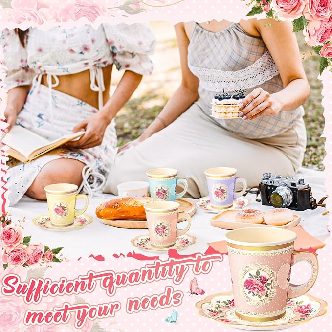 Tioncy 100 Pcs Tea Party Decorations Include 50 Pieces 9 oz Paper Tea Cups - Image 7